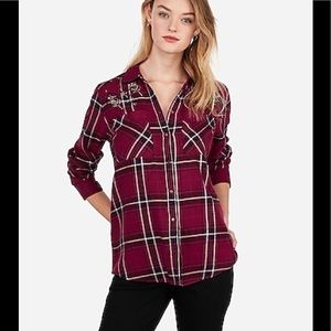 Express Maroon Embellished Plaid Flannel Boyfr